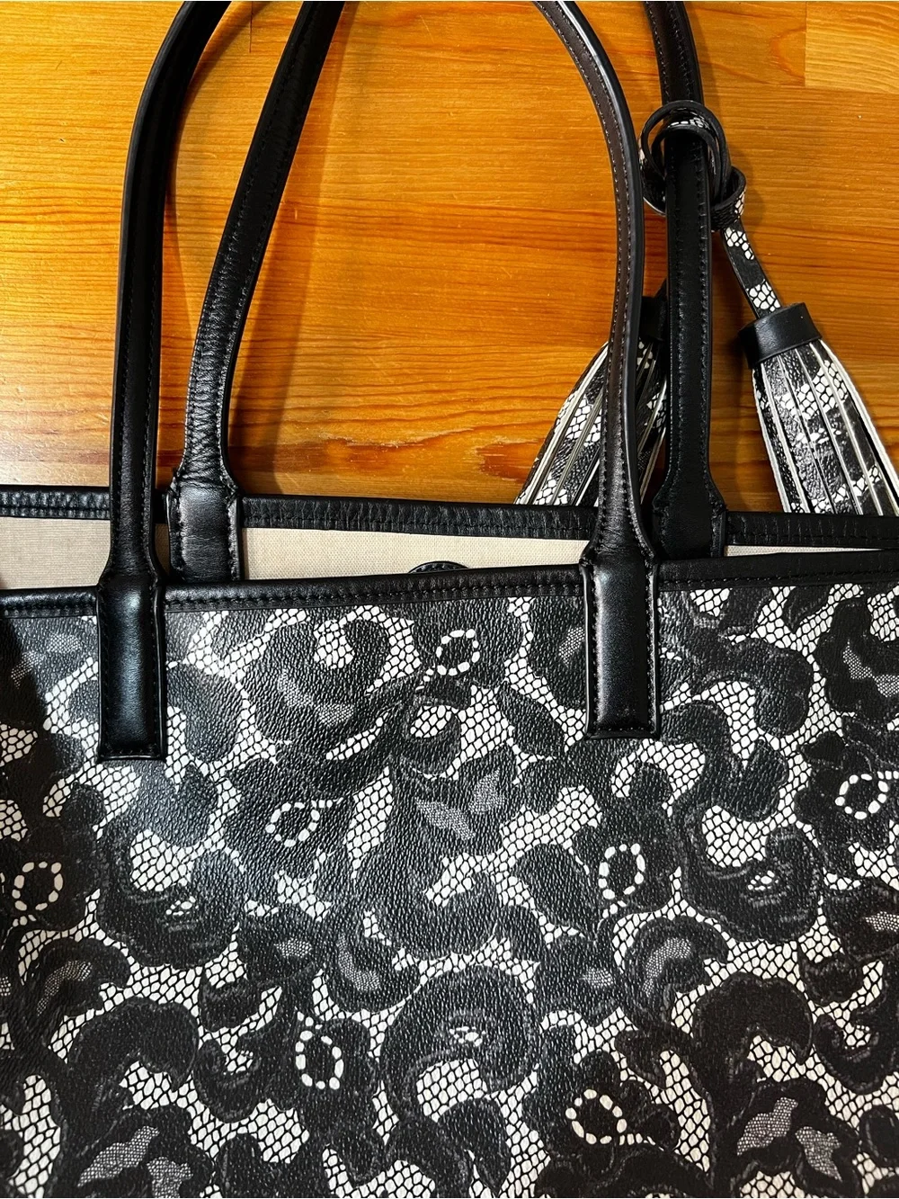 Tory Burch Black and White Lace-Print Tote with Wristlet